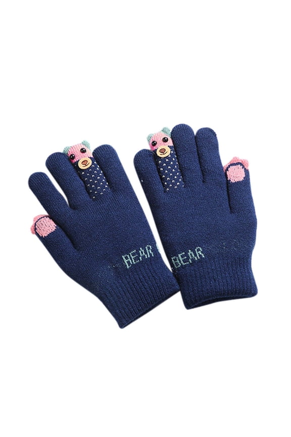 Gloves for Cold Weather Winter Gloves for Women Winter Gloves Men Winter Warm Skiing Gloves Kids Cartoon Bear Fleece Knitted Full Finger Mittens Gloves Navy One Size