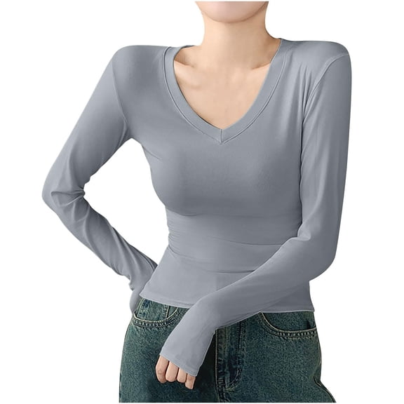 Outfmvch Going Out Tops Basic Solid Long Sleeve Layering Tee Tops Slim Fitted Scoop Neck Ribbed Knit Long Sleeve Slim-fit Ribbed Round Neck Plain Long Sleeve Shirt Womena1_gray S