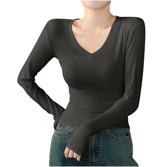 Outfmvch Going Out Tops Long Sleeve Slim-fit Ribbed Round Neck Basic Tees for Women Double Lined Basic Tee Basic Solid Scoop Neck Ribbed Knit Plain Long Sleeve Shirt Womena1_dark Gray M