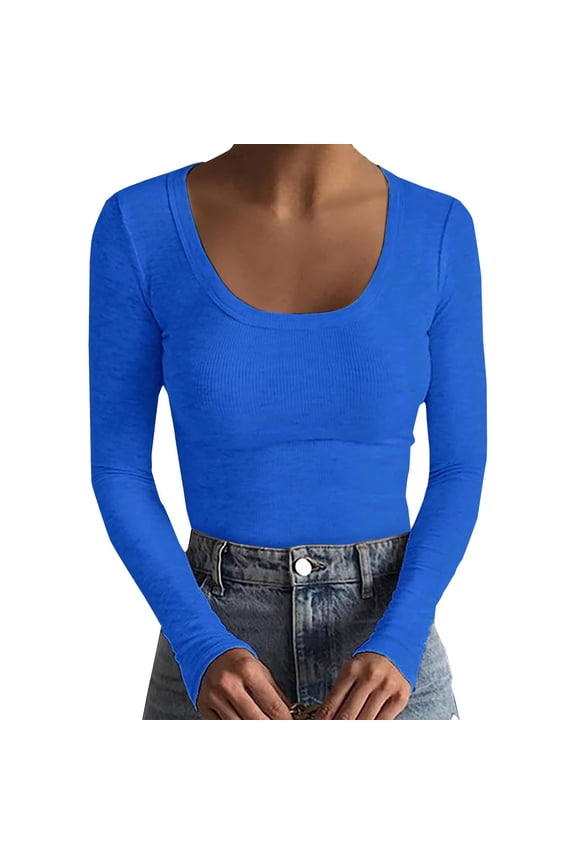 Going Out Tops Ribbed Round Neck Long Sleeve Layering Tee Tops Stretch Crewneck Basic Solid Thermal Undershirt Double Lined Basic Tee Stretch Base Layera2_blue M