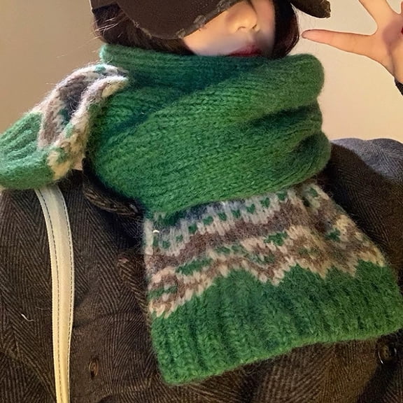 Outfmvch Hair Scarf Knitted Scarf for Women Vintage Fair Isle Scarf Reversible Scarfs Wrap Warm Fall Winter Scarves Cold Weather Poncho Shawl Green One Size
