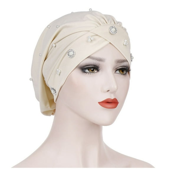 Outfmvch Headband Bonnet Women Cross Forehead Small Daisy Beaded Turban Hat Night Hat Chemotherapy Hat Muslim Baotou Hat Keffiyeh Beige One Size