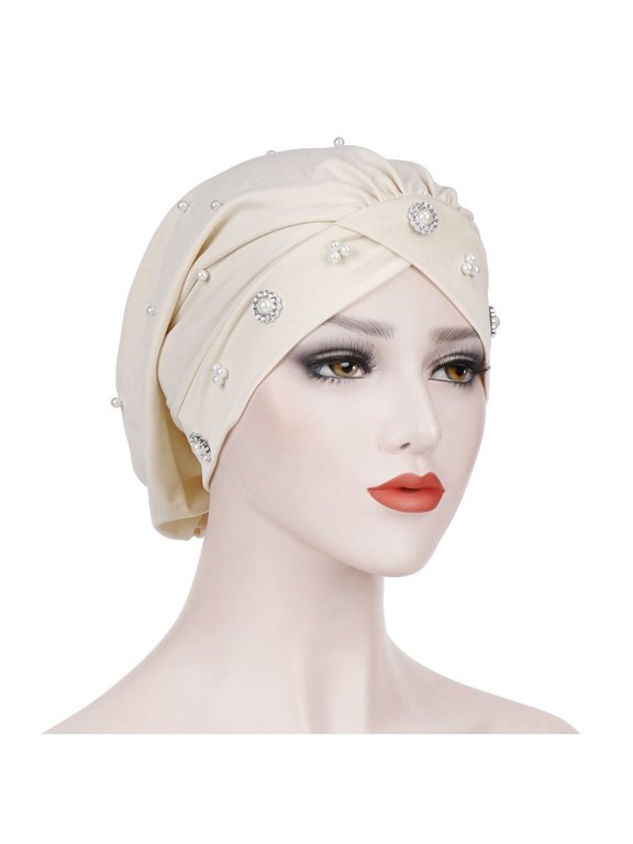 Headband Bonnet Women Cross Forehead Small Daisy Beaded Turban Hat Night Hat Chemotherapy Hat Muslim Baotou Hat Keffiyeh Beige One Size