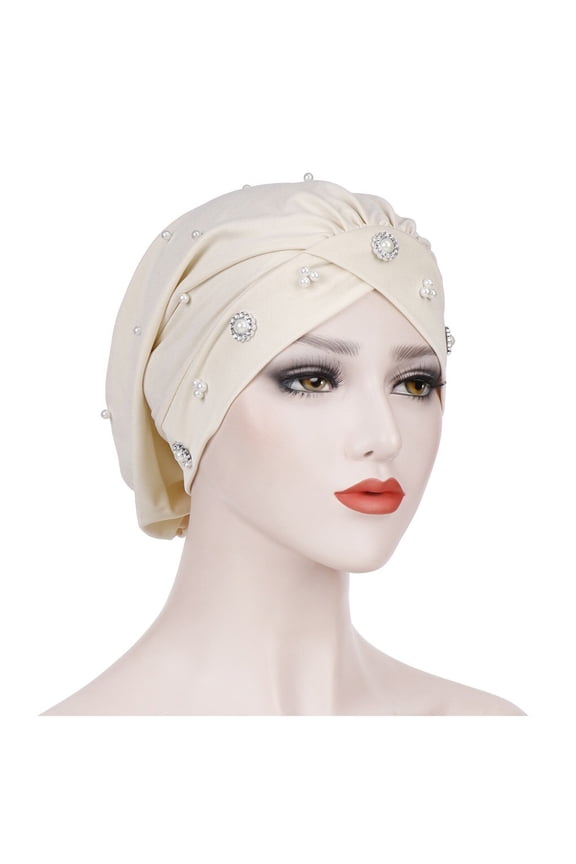 Headband Bonnet Women Cross Forehead Small Daisy Beaded Turban Hat Night Hat Chemotherapy Hat Muslim Baotou Hat Keffiyeh Beige One Size