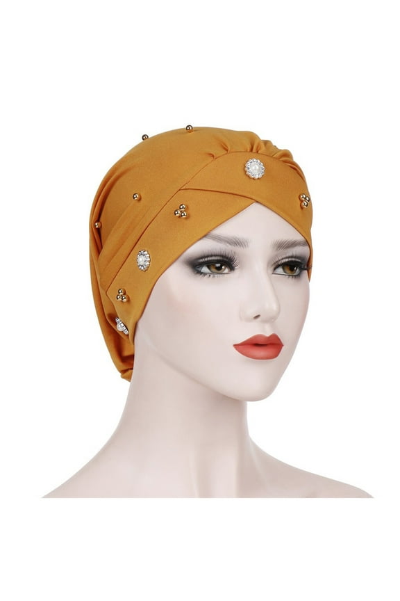 Headband Bonnet Women Cross Forehead Small Daisy Beaded Turban Hat Night Hat Chemotherapy Hat Muslim Baotou Hat Keffiyeh Yellow One Size
