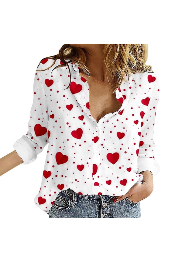 Heart Blouses Work Tops for Women Button Down Blouse Business Tops for Women Holiday Blouses Casual Button Down Shirts for Women Dark Blue 2 Xl