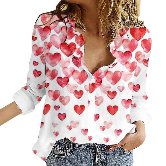 Outfmvch Heart Print Blouses Business Tops for Women Button Down Shirt Womens Blouses Holiday Blouses Heart Blouses Work Shirts for Women Business Casual Hot Pink S