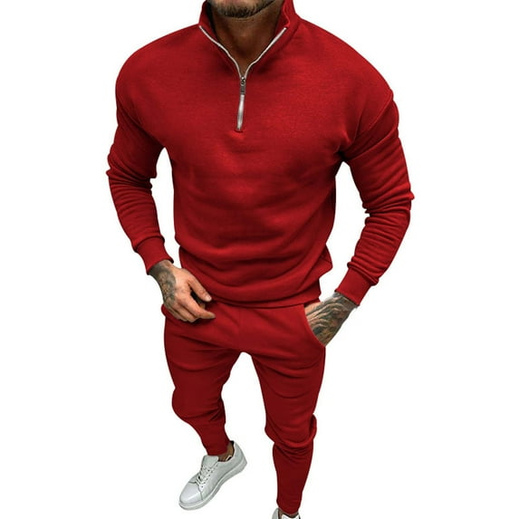 Outfmvch Hoodies for Men Mens Sweatpants Mens Thermals Top and Bottom Set Sweatpants for Men Autumn and Winter Solid Color Long Sleeved Padded Zipper Stand Up Collar Two Piece Set Red 3xl
