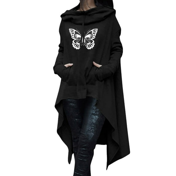 Outfmvch Hoodies For Women Zip Up Hoodie Women Women Halloween Butterfly Print Pullover Hoodies Sweatshirt Long Sleeve Irregular Hooded Long Tops Shirt With Pocket Crewneck Sweatshirts Black 3Xl