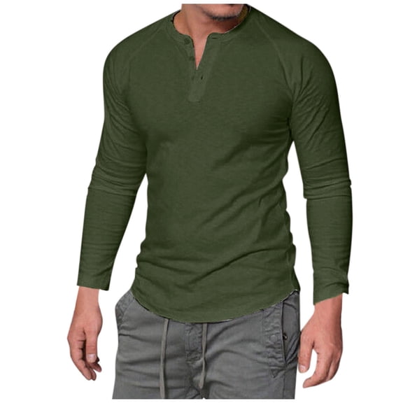 Outfmvch Hoodies for Men Long Color Round Solid Button Sleeve Pullover Neck Casual T Shirt Womens Tops Army Green