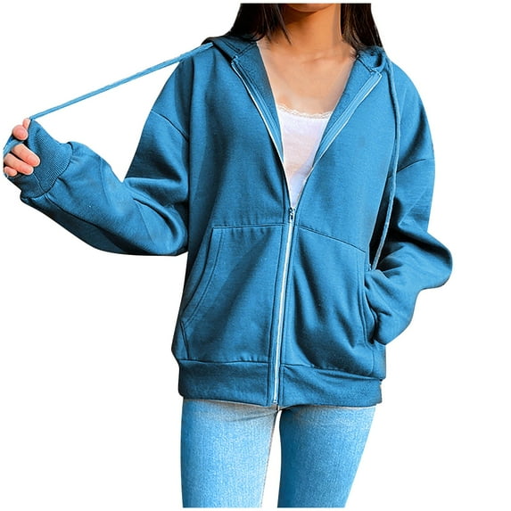 Outfmvch Hoodies for Women Zip Up Hoodie Women's Street Long Sleeve Hooded Zipper Solid Color Casual Sweatshirt Winter Coats for Women Blue 2xl