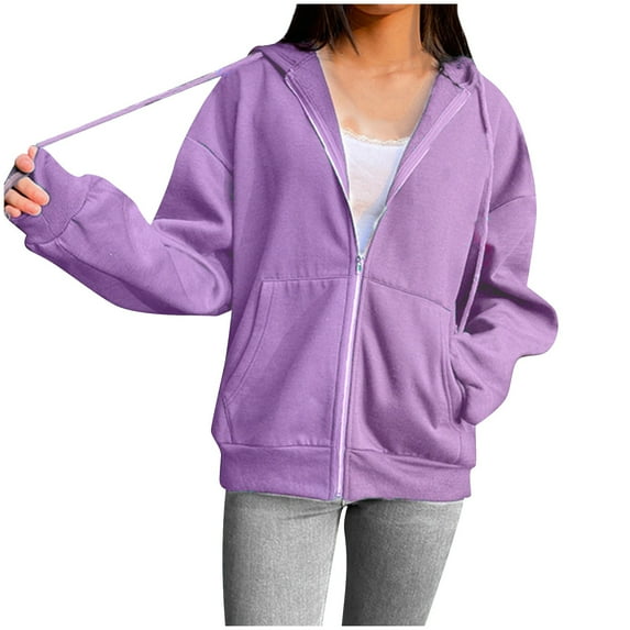 Outfmvch Hoodies for Women Zip Up Hoodie Women's Street Long Sleeve Hooded Zipper Solid Color Casual Sweatshirt Winter Coats for Women Purple M