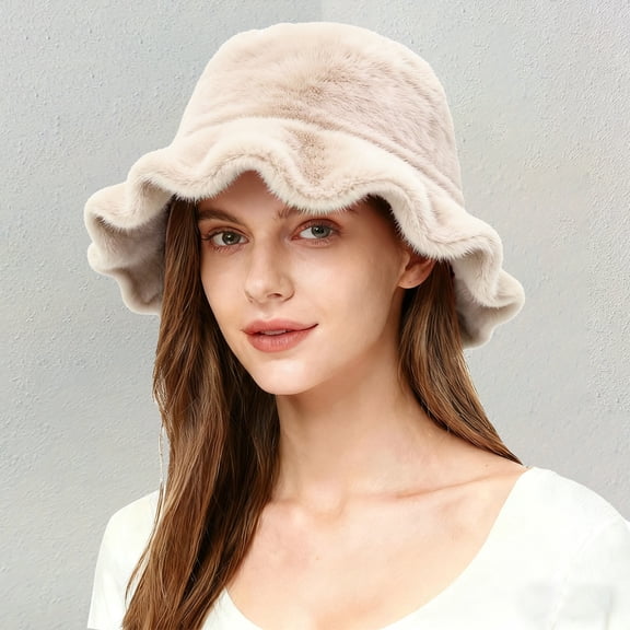 Outfmvch Hoods for Women Women's Faux Fur Bucket Hats Fluffy Winter Warm Ladie's Unique Wide Brim Fisherman Cap Warm Winter Hats for Women Khaki One Size