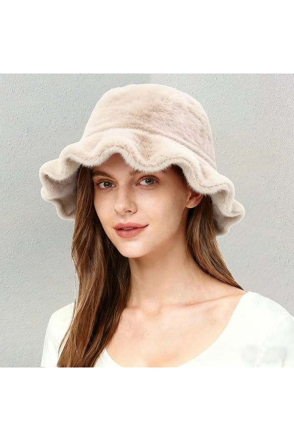 Hoods for Women Women's Faux Fur Bucket Hats Fluffy Winter Warm Ladie's Unique Wide Brim Fisherman Cap Warm Winter Hats for Women Khaki One Size