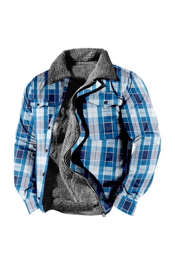 Jackets For Men Winter Jackets For Men Men'S Warm Lined Wool Plaid Shirt Jacket Winter Heavyweight Thick Jacketclassic Lapel Zipper Jacket Bomber Jacket Men Blue 4Xl