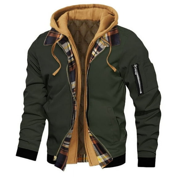 Outfmvch Jackets For Men Winter Jackets For Men Spring Autumn Winter Thick Large Men'S Solid Hooded Coat Casual Jacket Men'S Bomber Jacket Men Green 2Xl