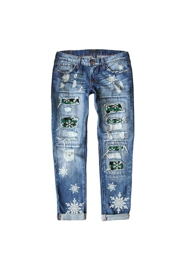 Jeans For Women High Waisted Jeans For Women Christmas Tree Print Patchwork Stretch Ripped Pants Hole Jeans Pants Distressed Washed Patch Denim Pants Trousers Fleece Lined Leggings Green L