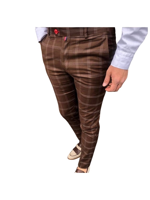 Joggers For Men Mens Jeans Men'S Casual Plaid Print Party Suit Pants Feet Pants With Pockets Men'S Pants Brown L
