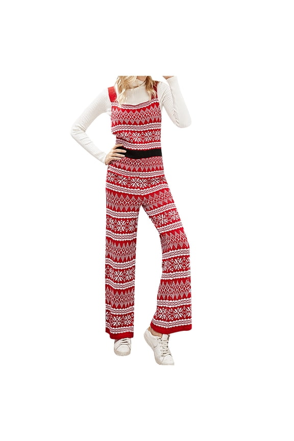 Jumpsuits for Women Rompers for Women Christmas Knitted Overalls Pants Loose Christmas Snowflake Knitted Jumpsuit Baggy Jeans Red S