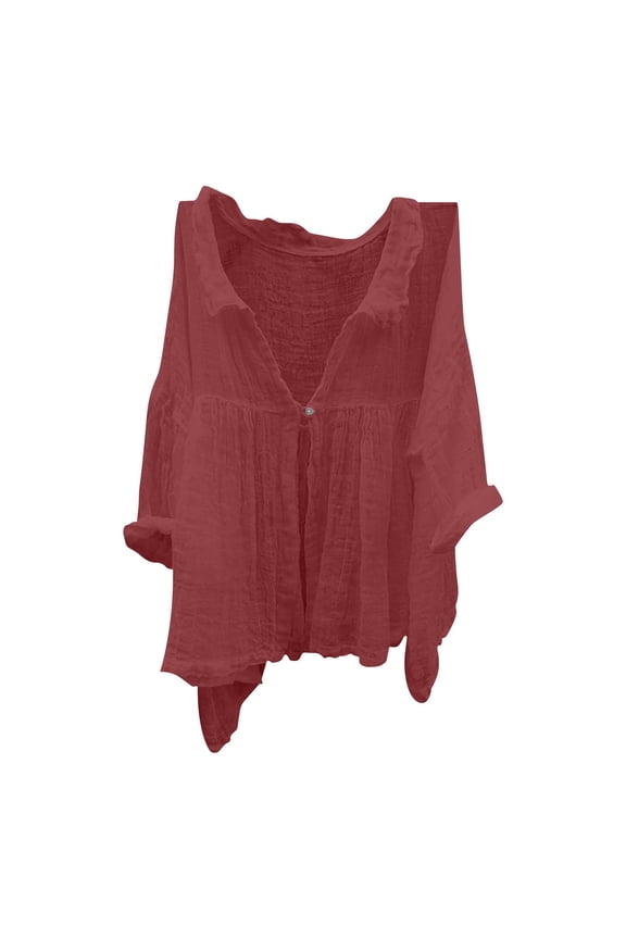 Linen Blouse Linen Tunic Tops for Women Summer Collared Tops Button Down Shirts for Women Linen Button Down Shirt Women V Neck Casual Red XL