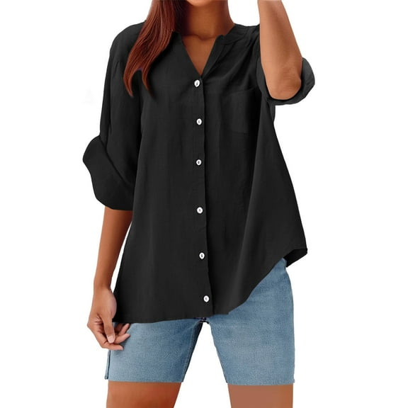 Outfmvch Linen Blouses for Women Dressy Blouses for Women 3/4 Sleeve Button Down Button Down Vacation Fashion Clothes Summer Trendy 2026 Button Down Blusas De Lino Para Mujer Black 1 Xl