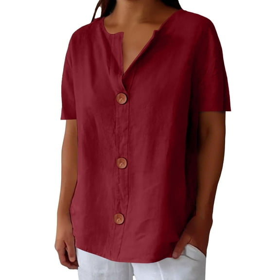 Outfmvch Linen Blouses for Women Linen Shirts Dressy Blouses for Women Rolled Cuffed Breathable Tops Henley Shirts Tunic Tops Linen Blouse Button Down Women's Linen Blouse Wine 4xl