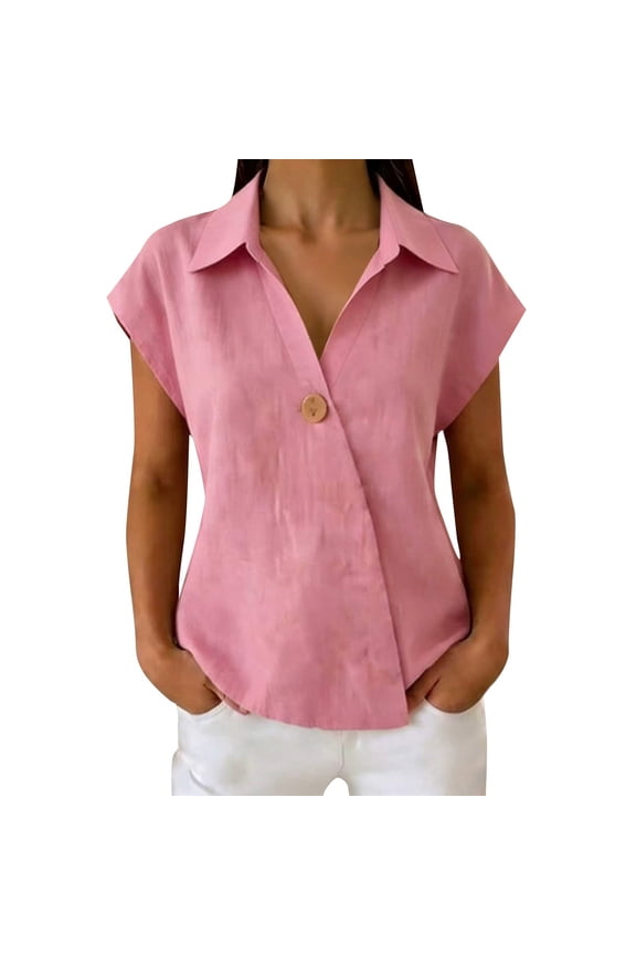 Linen Blouses for Women Loose Fit T Shirts Gauze Tops Collared Tops Button Down Shirts for Women Half Sleeve Blouses Loose Fitting Tops for Women Short Sleeve Tops A1 Pink 2XL