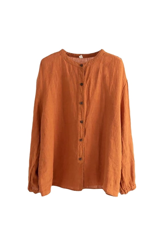 Linen Button Down Shirt Women Button Down Plaid Shacket Shirt Linen Button Down Shirt Women 2026 Loose Fit Tops Womens Cotton Linen Tunic Orange 3XL
