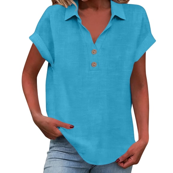 Outfmvch Linen Button Down Shirt Women Collar Blouse Women Solid Tunic Tshirts Roll Up Sleeve Button Down V Neck Summer Beach Tops Summer Soft Fashion Oversized Tshirts for Women Sky Blue 1 M