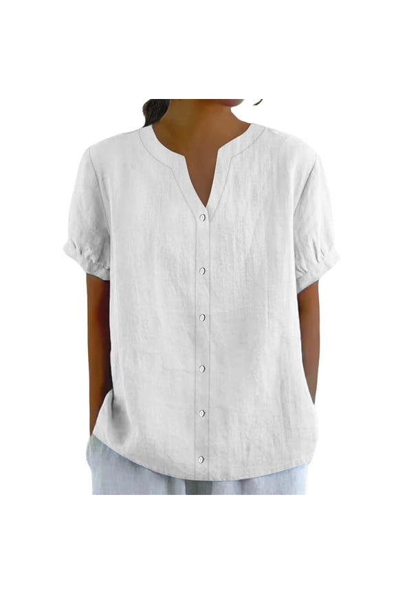 Linen Button Down Shirt Women Womens 3/4 Sleeve Button Down Shirts Loose Fit Tunic Roll Up Short Sleeve Embroidery Gauze T-shirt for Women White L