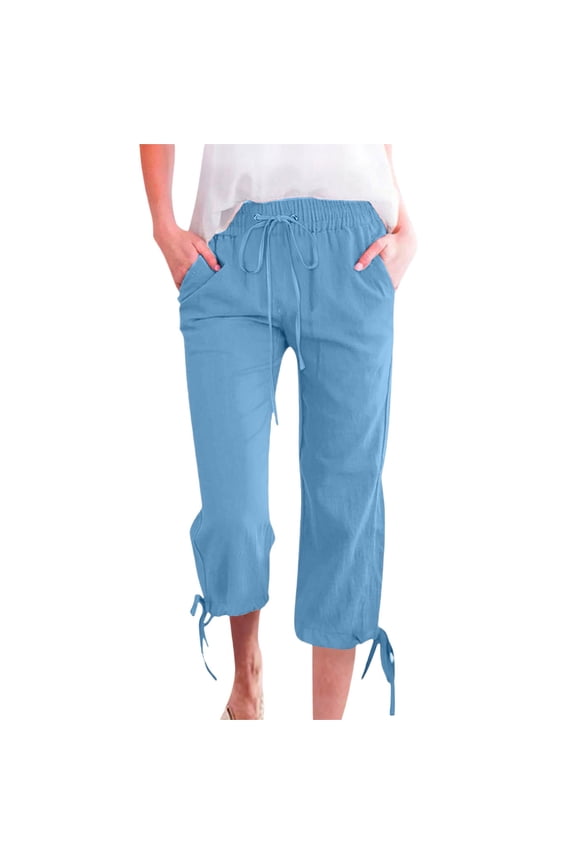 Linen Capri Pants for Women Cropped Linen Pants Women Pull On Elastic Cotton Linen Pants Cropped Lounge Trousers Elastic Waist Cropped Trouser Capris Drawstring with Pockets Sky Blue S-3XL