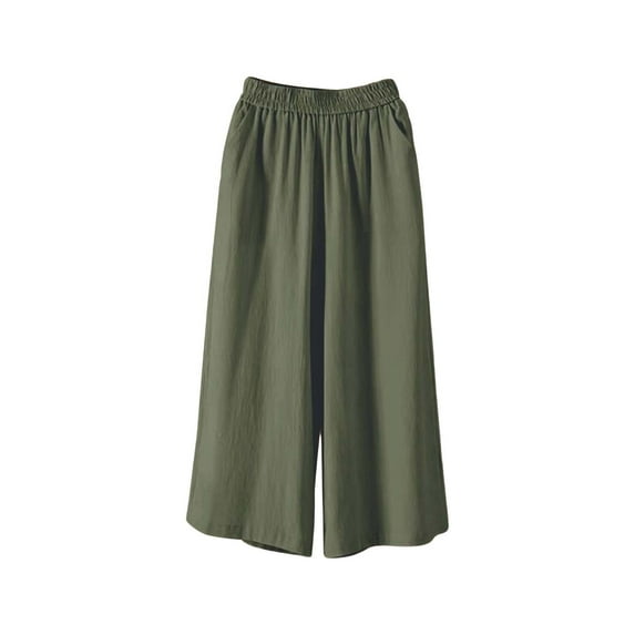 Outfmvch Linen Capri Pants for Women Paper Bag Pants Straight Wide Leg Flowy Pants for Women Petite Cotton Linen Pants with Pockets Yoga Capris with Pockets Wide Leg Crop Pants Army Green M-4XL