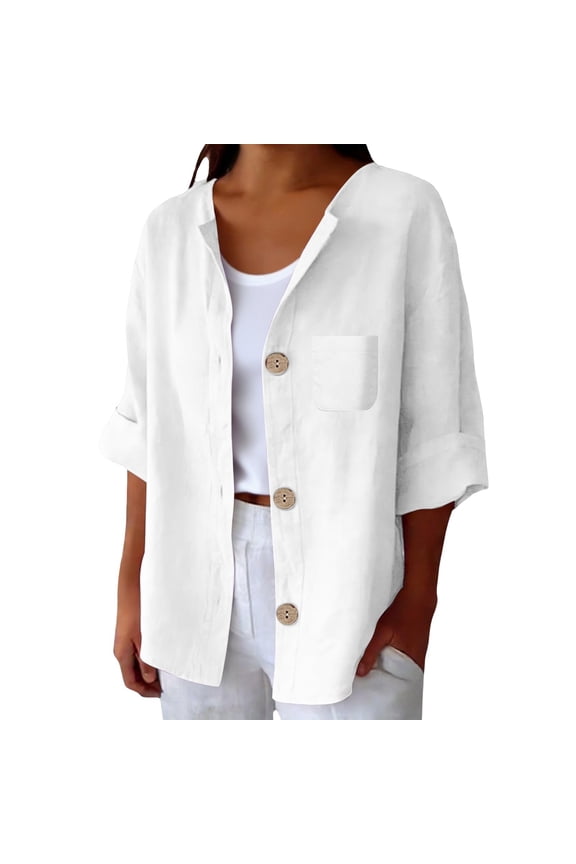 Linen Long Sleeve Shirt Women Button Down Plaid Shacket Shirt Womens Cotton Linen Button Down Shirts Boyfriend Dress Shirt Office Drop Shoulder Blouse White 4XL