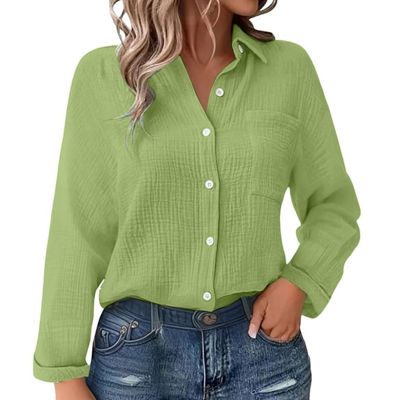 Outfmvch Linen Long Sleeve Shirt Women Linen Shirts for Women Button Down Dress Shirts Long Sleeve Textured Collared Gauze Blouses for Women Lapel Neck Shirts Light Green 2XL