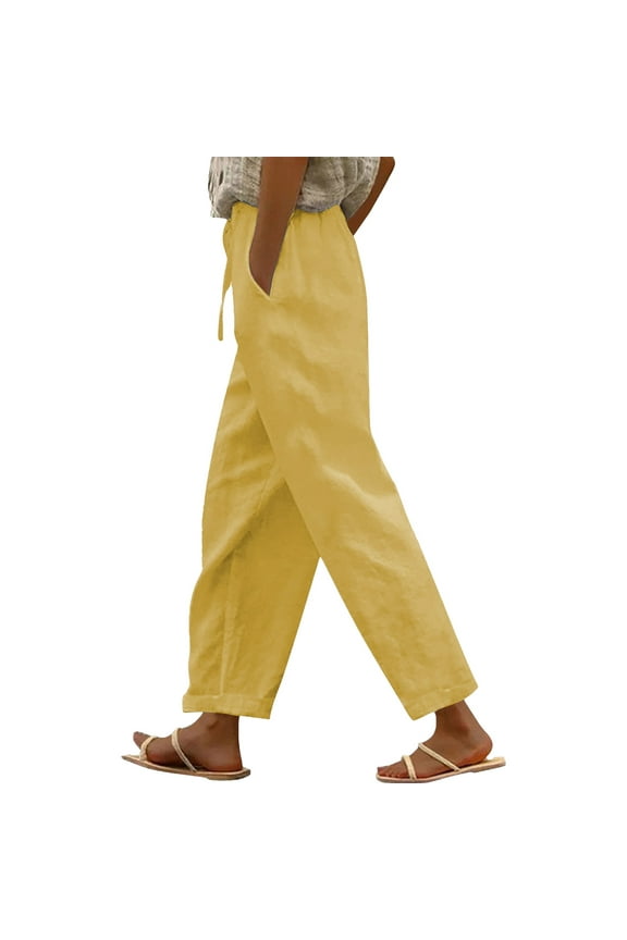Linen Pants Women Casual Drawstring Flowy Pants Trousers with Pockets Flowy Lounge Trousers Gaucho Pant Pedal Pushers for Women Linen Palazzo Pants for Women Wide Leg Linen Pants Gold S-5XL