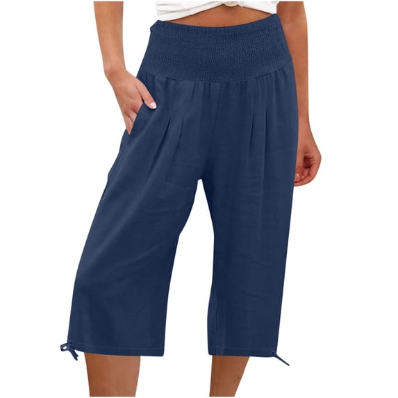 Outfmvch Linen Pants Women Flowy Pants for Women Petite Summer Beach Vacation Wide Leg Crop Pants Cropped Linen Pants Women Capris Drawstring with Pockets Linen Palazzo Trousers Navy S-3XL