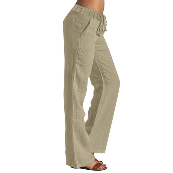 Outfmvch Linen Pants Women Long Lounge Pant Flowy Lounge Trousers Wide Leg Linen Pants Baggy Linen Wide Leg Flowy Wide Leg Drawstring High Waist Flowy Lounge Linen Palazzo Pants for Women Khaki S-5XL