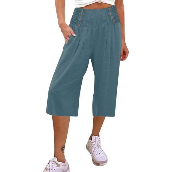 Outfmvch Linen Pants Women Palazzo Pants Straight Wide Leg Cotton Linen Pants Palazzo Pants with Pockets Yoga Capris with Pockets Paper Bag Pants Boho Pants for Women 2026 Pull On Elastic Blue S-2XL