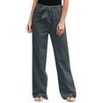 thumbnail image 1 of Outfmvch Linen Pants Women Patchwork Elastic Waist Pants Flowy Wide Leg Drawstring High Waist Trousers with Pockets Women's Culottes Vintage Baggy Beach Trousers Baggy Straight Leg Gray S-5XL, 1 of 4