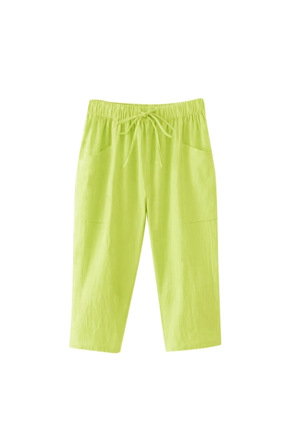 Linen Pants Women Plus Size Elastic Waist Trousers Women's Culottes Capris Drawstring with Pockets Drawstring Elastic Waist Cropped Linen Pants Women Palazzo Pants Gauze Pants Green XL-4XL