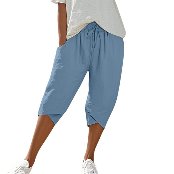 Outfmvch Linen Pants Women Straight Wide Leg Pull On Elastic Wide Leg Crop Pants High Waist Drawstring Beach Pant Women High Waisted Wide Leg Pedal Pushers for Women Loose Flowy Pants Blue S-2XL