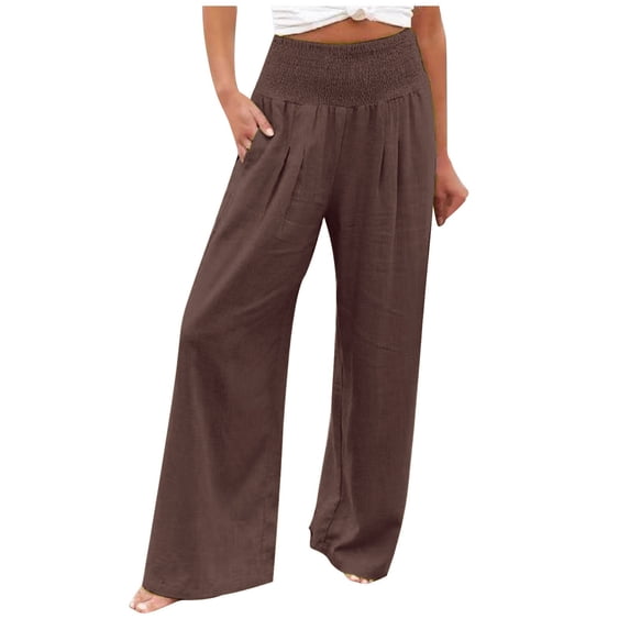 Outfmvch Linen Pants Women Vacation Beach Trousers Beach Pants for Women Flowy Wide Leg Drawstring High Waist Patchwork Elastic Waist Pants Trousers with Pockets Pedal Pushers for Women Brown S-2XL