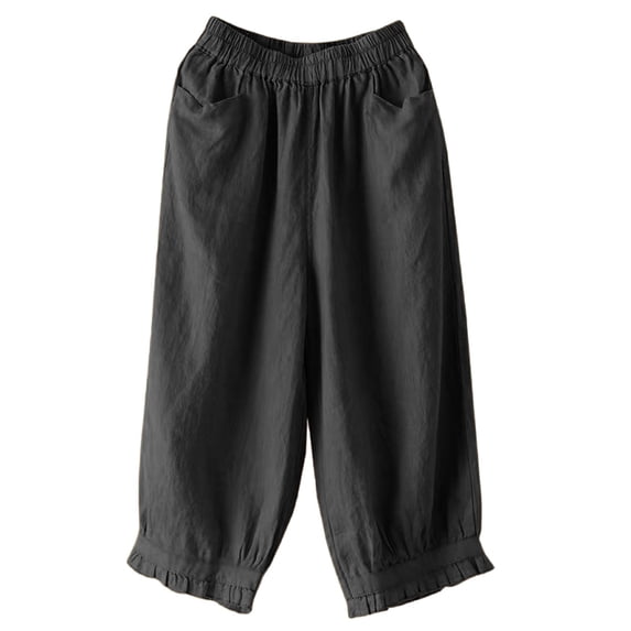 Outfmvch Linen Pants Women Women High Waisted Wide Leg Capris Drawstring with Pockets Flowy Pants for Women Petite Summer Outfits 2026 Trendy Cropped Linen Pants Women Gauchos for Women Black M-3XL