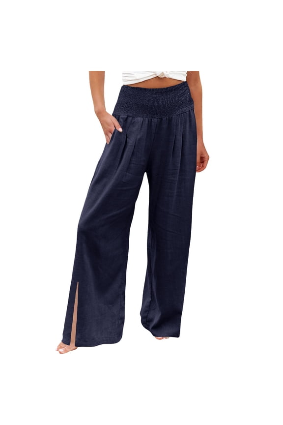 Linen Pants for Women Womens Flowy Pants Side Slit Ankle Pants Palazzo Loose Beach Pant Straight Leg Side Slits Pants with Side Slit Loose Fit Lightweight Beach Pants Dark Blue S-2XL