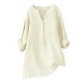 thumbnail image 1 of Outfmvch Linen Shirt Women Cotton Linen Womens 3/4 Sleeve Button Down Shirts Embroidery Gauze T-shirt for Women Loose Fit Blouses Casual Tunic Tops Beige 1 L, 1 of 3