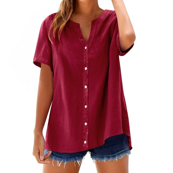 Outfmvch Linen Shirt Women Roll Up Short Sleeve T-shirt Floral Print Linen Shirts Cotton Dress Shirt Embroidery Gauze T-shirt for Women Wine 1 M