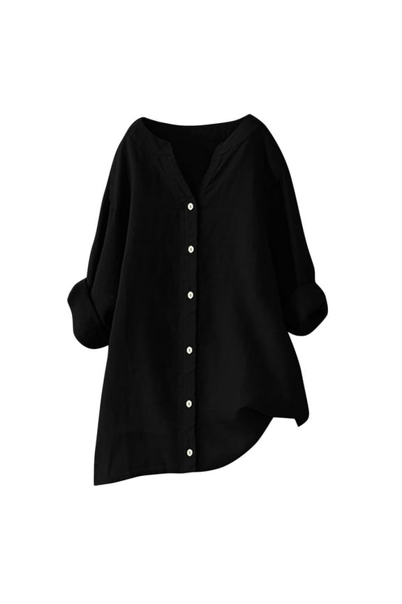 Linen Shirt Women Short Sleeve Beach Tees Linen Button Down Shirt Women Cotton Linen Short Sleeve Collared Roll Up Summer Collared Tops Black L