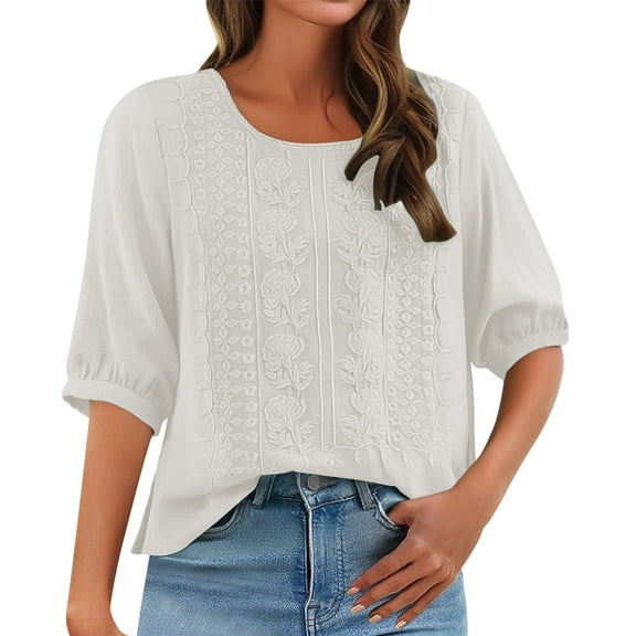 Outfmvch Linen Shirts for Women 3/4 Length Sleeve Womens Tops Retro Tops for Women Cotton Blouses for Women Womens Blouses Dressy Casual Long Sleeve Shirts for Women White 3xl