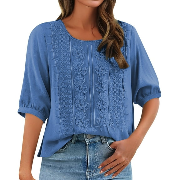 Outfmvch Linen Shirts for Women 3/4 Length Sleeve Womens Tops Retro Tops for Women Tunic Tops for Women Loose Fit Dressy Embroidered Tops for Women Long Sleeve Tops Dark Blue 3xl