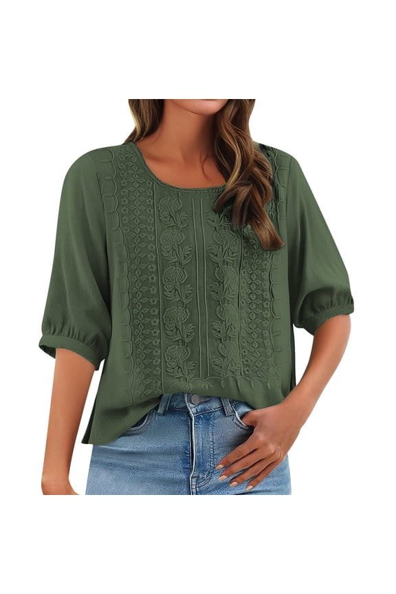 Linen Shirts for Women Boho Ethnic Style Peasant Tee Floral Print Linen Shirts Embroidery Gauze T-shirt for Women Loose Gauze Tunics Green 2 XL